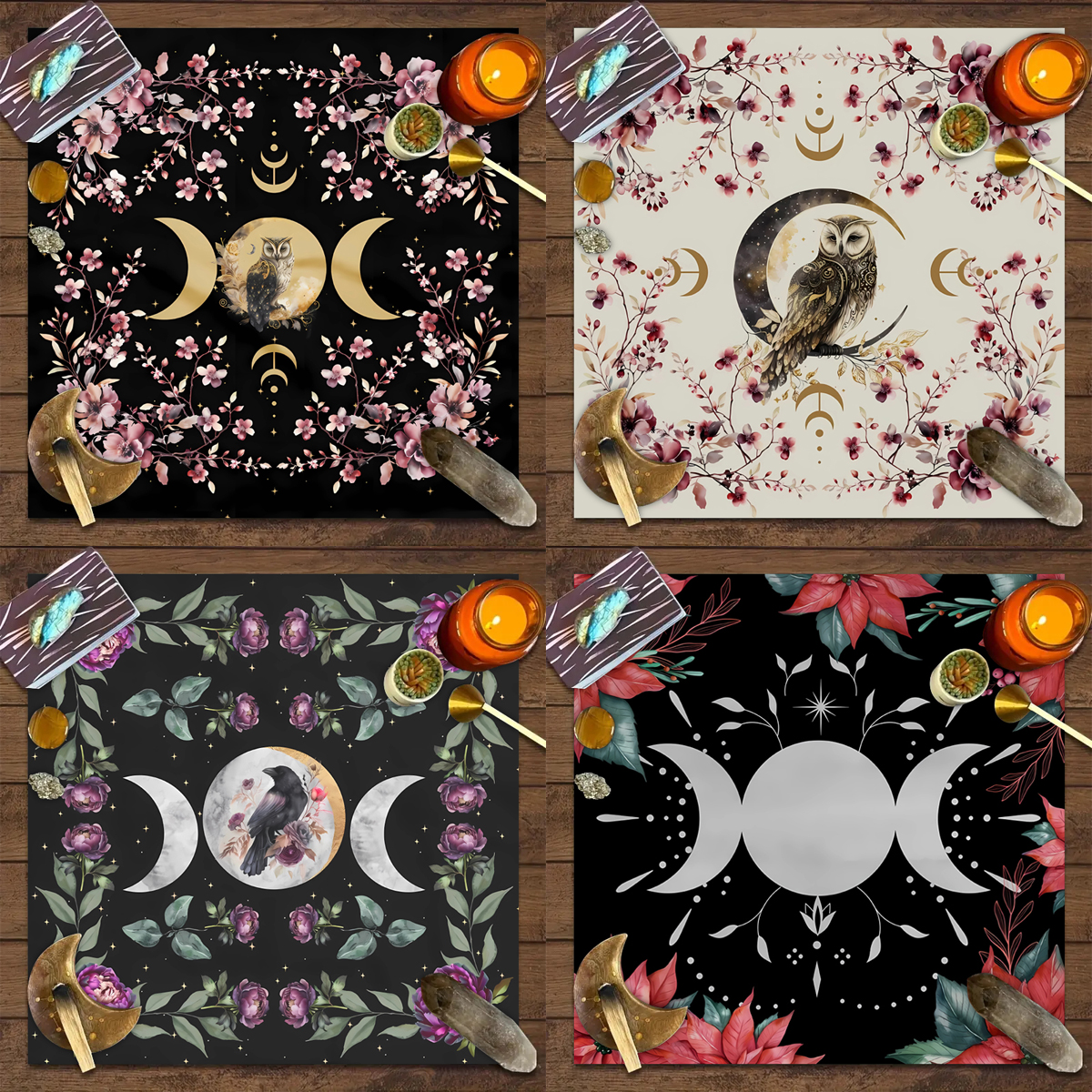 1 mantel de cartas de Tarot, flor, luna, triple luna, decoración de búho, altar, brujería, mantel de astrología