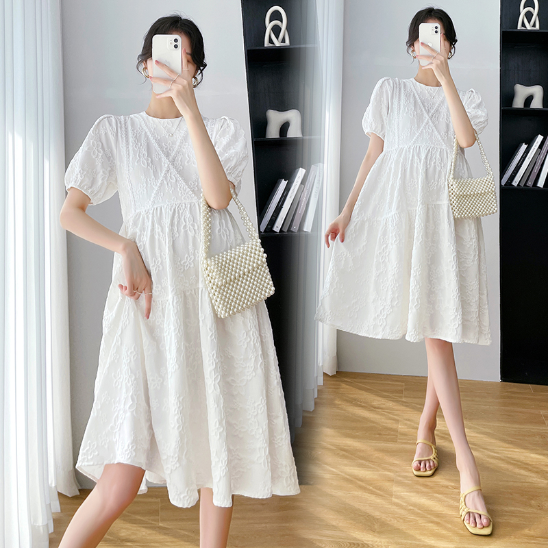 2022 Spring Maternity Clothes Short Sleeve O-Neck White Pregnant Women Dress Beading Party Dress Pregnancy Wedding Dress