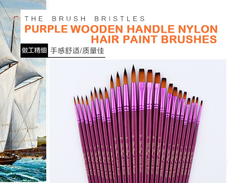 12-delige Aquarel- En Acryl Penselen Set – Nylon Borstelharen, Berkenhouten Handvat, Voor Olieverf, Aquarel En Canvas