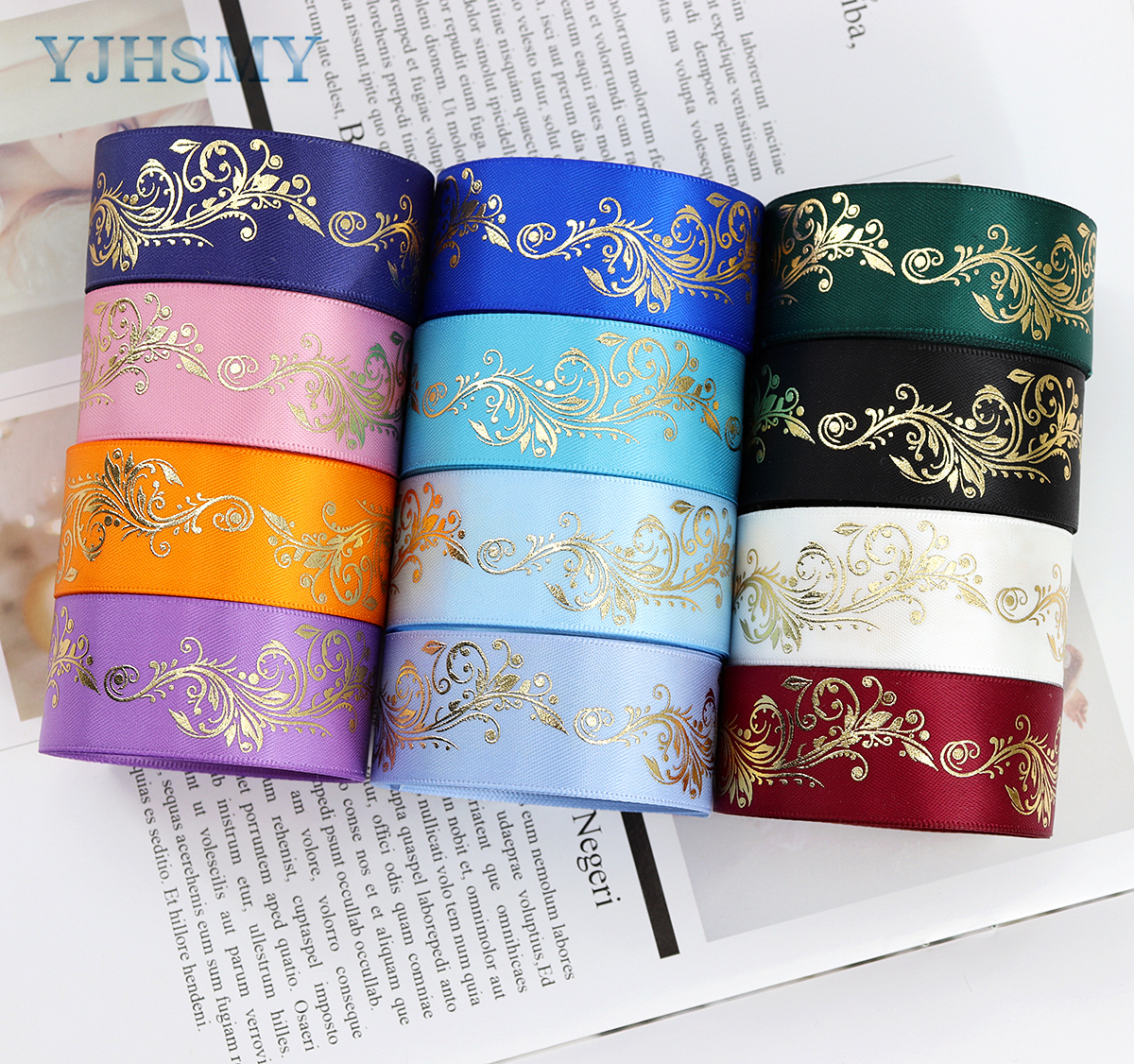 1 Inch Goudfolie Satijnen Lint Gedrukt Bloem Voor Diy Craft Cadeaupapier Bruiloft Verjaardag Party Decoratie 5 Yards