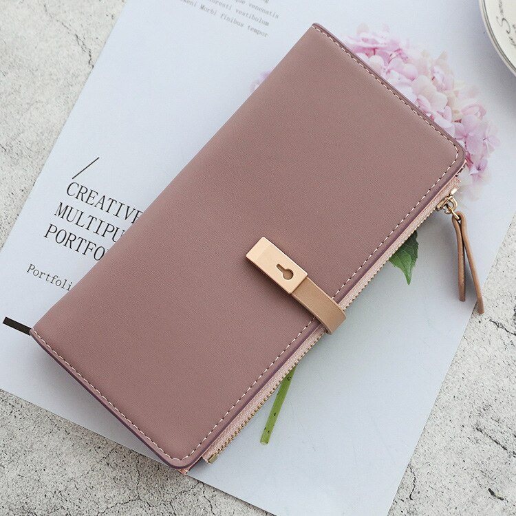 Korean Mori Ladies Thin Wallet Long Multi-function PU Wallet Simple Card Holder Zipper Buckle Coin Purse Clutch: Dark Pink