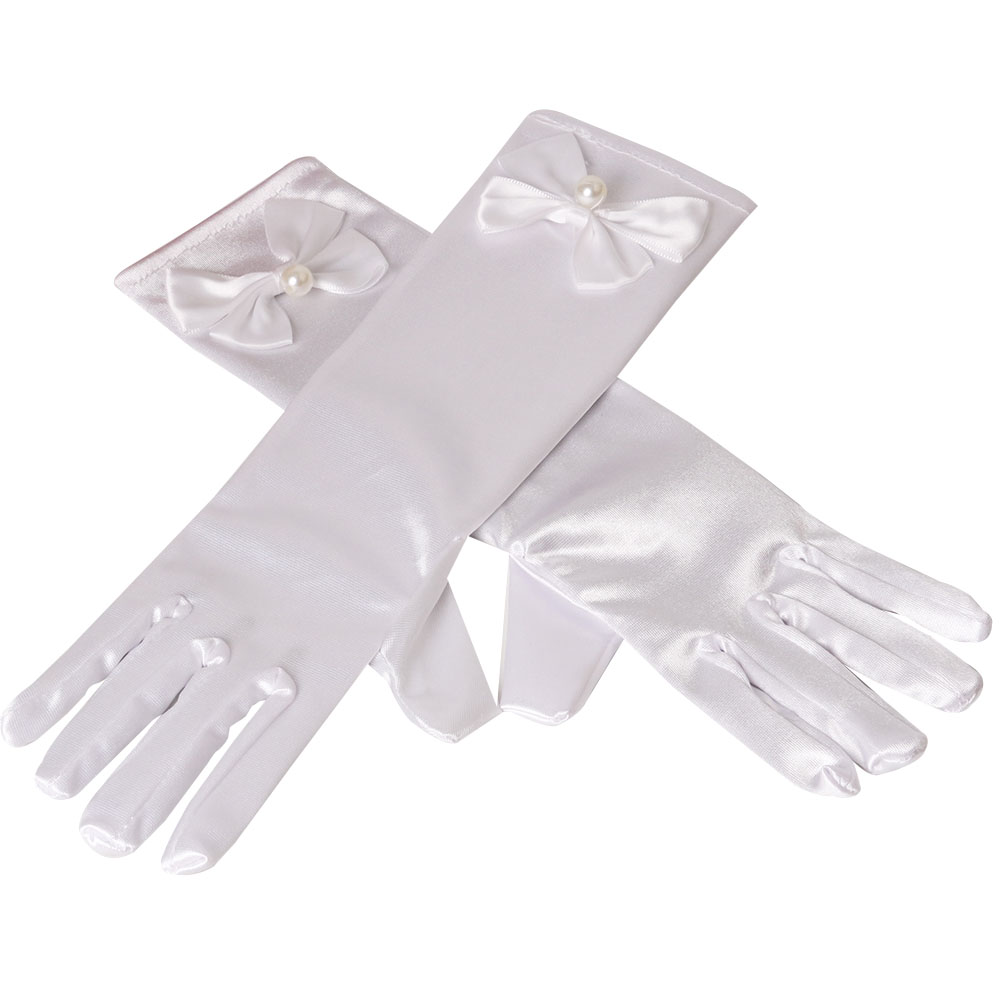 Gants de fête 11 couleurs | Gants longs de princesse pour enfants filles, gants en Satin avec nœud perlé, gants d'anniversaire: WHITE