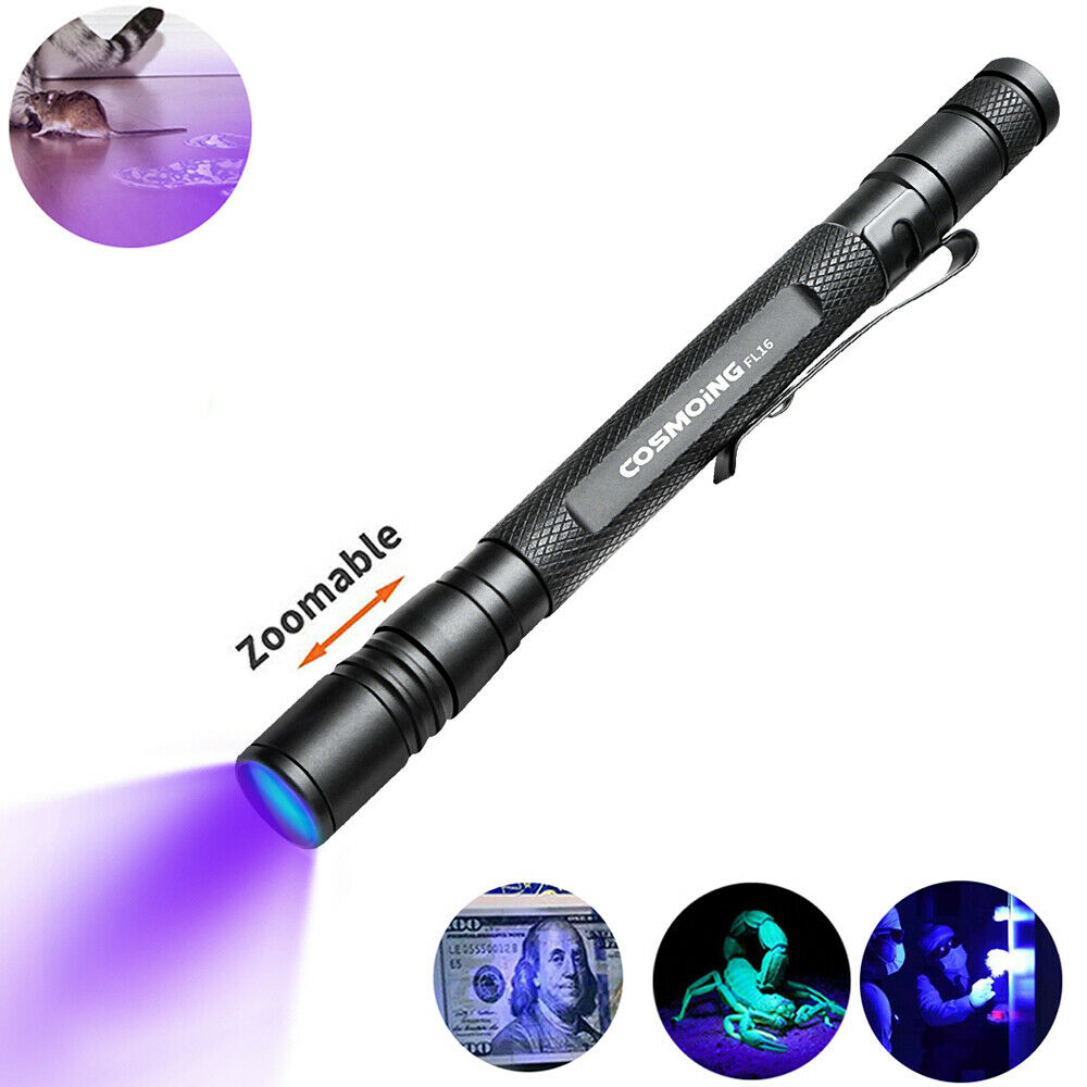 COSMOING Zoomable 395nm UV Light Penlight Blacklight Scalable Clip Pen Light Flashlight