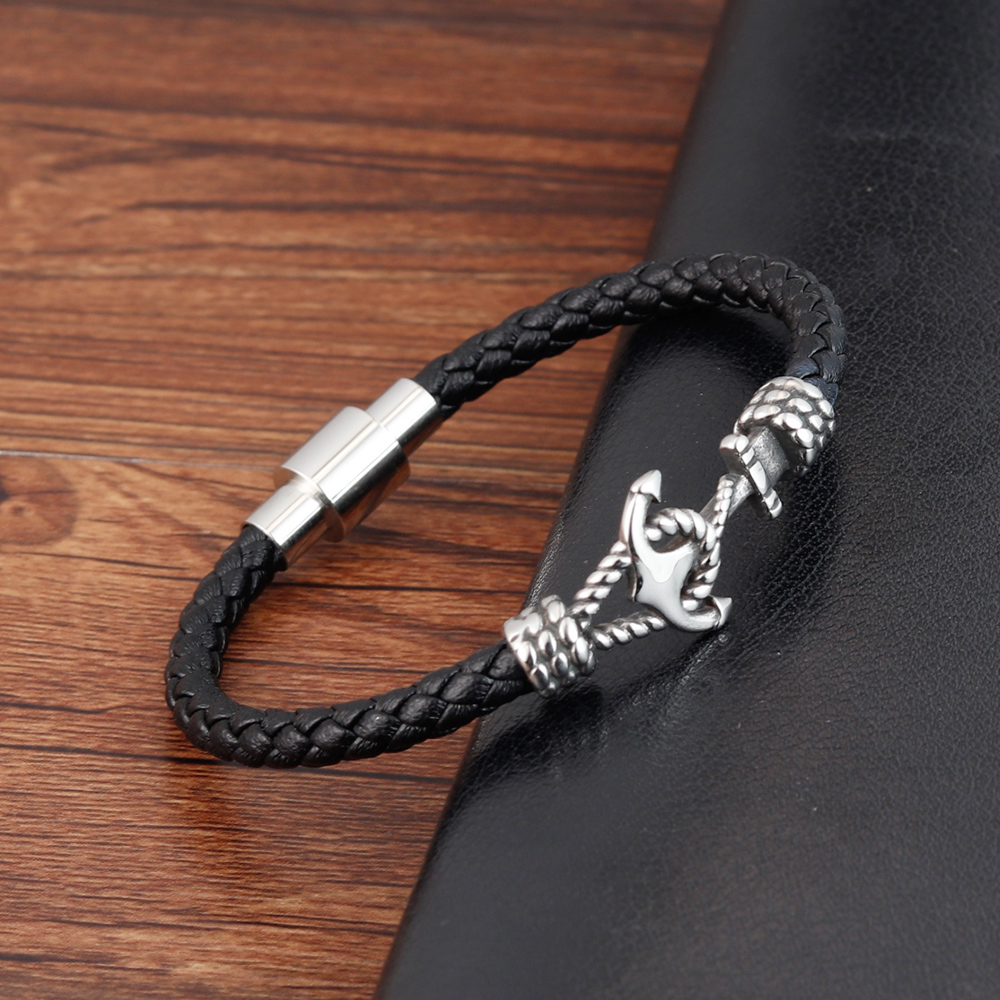hommes bijoux Bracelet en cuir noir en acier inoxydable magnétique Simple boucle tissage modèle bracelets