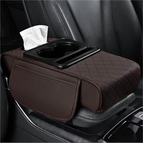 PU Leather Car Armrest Box Heightening Cushion with Cup Holder Tissue Box Side Storage Pocket Arm Rest Cover Height Pad: Silver