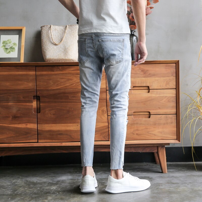 Biker jeans herr koreanska slim fit jeans stretch herrkläder slitna jeans herr jeansbyxor ankellängd 34-28