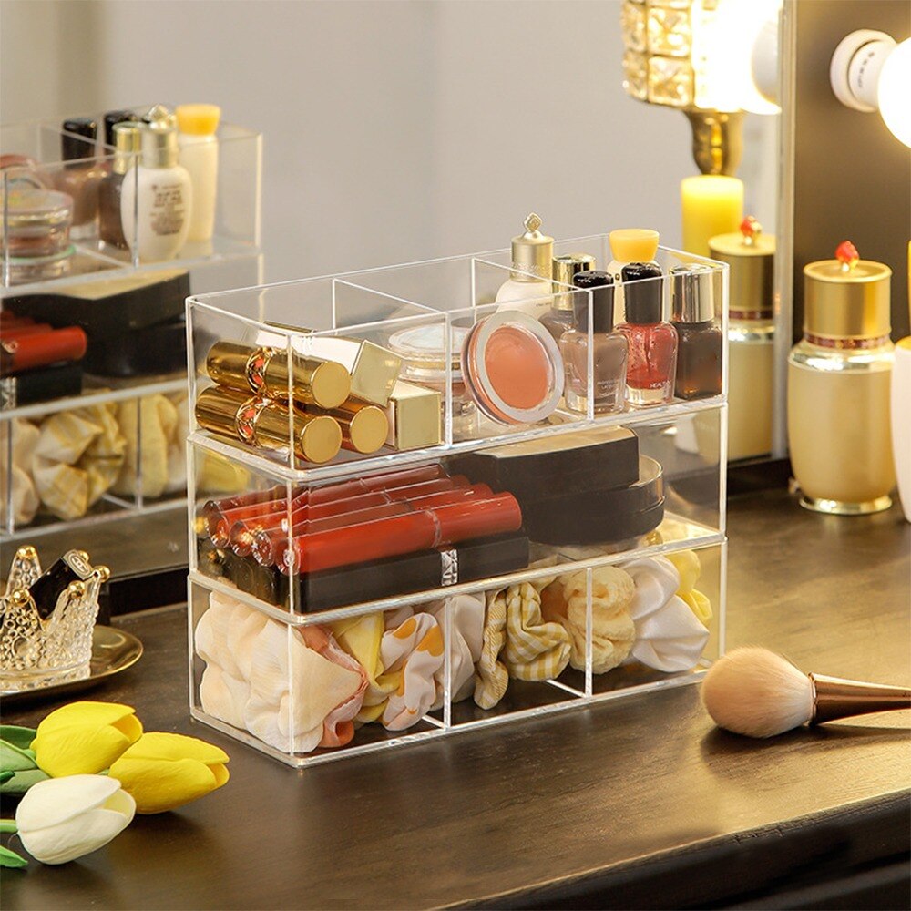 Boîte de rangement transparente en acrylique à couches pour maquillage, coiffeuse, cosmétique, rouge à lèvres, grille de finition, tiroir de bureau, compartiment de rangement