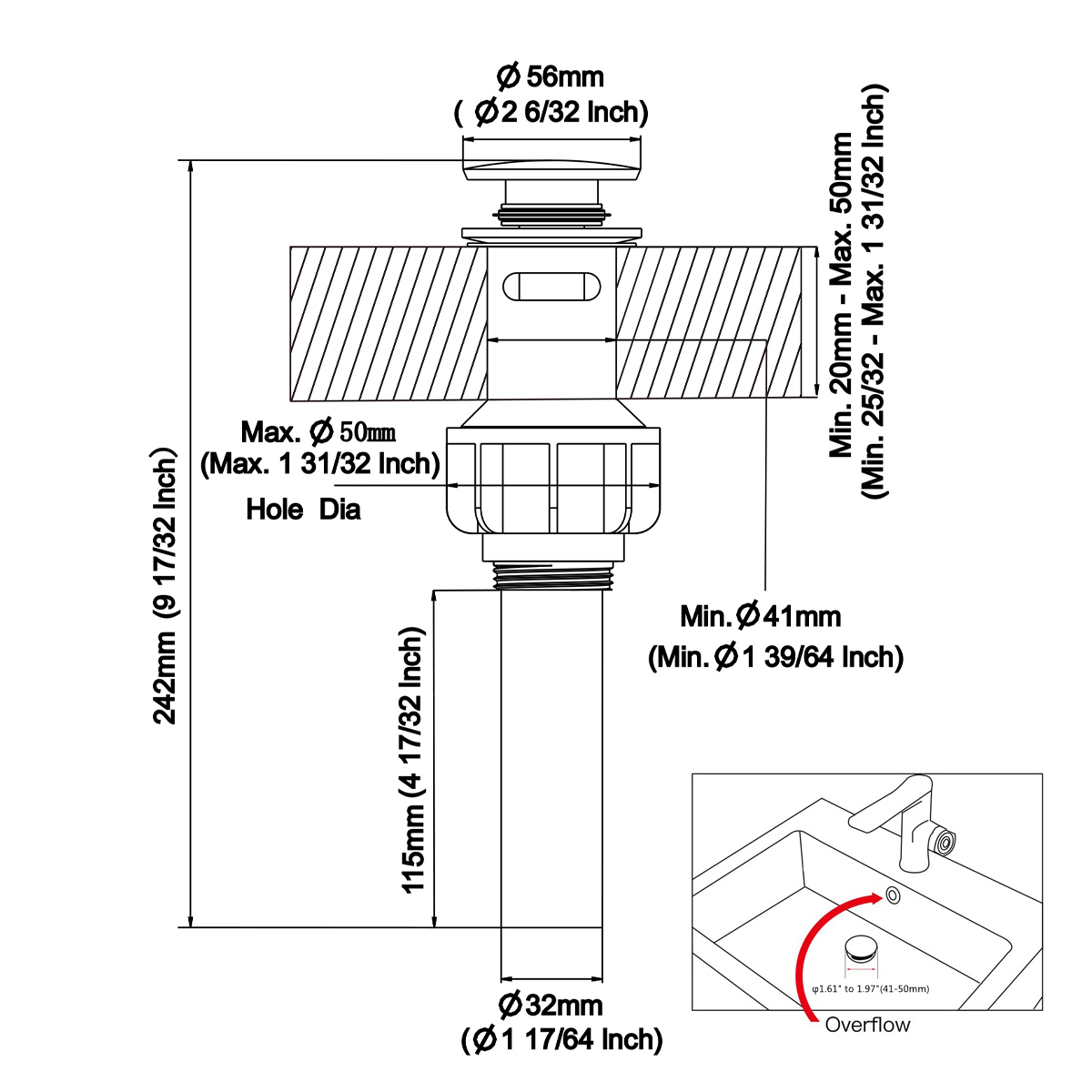 Bathroom Faucet Vessel Vanity Sink Pop Up Drain Stopper with Overflow Black Lavatory Basin Sink Pop Up Drain Waste Drainer