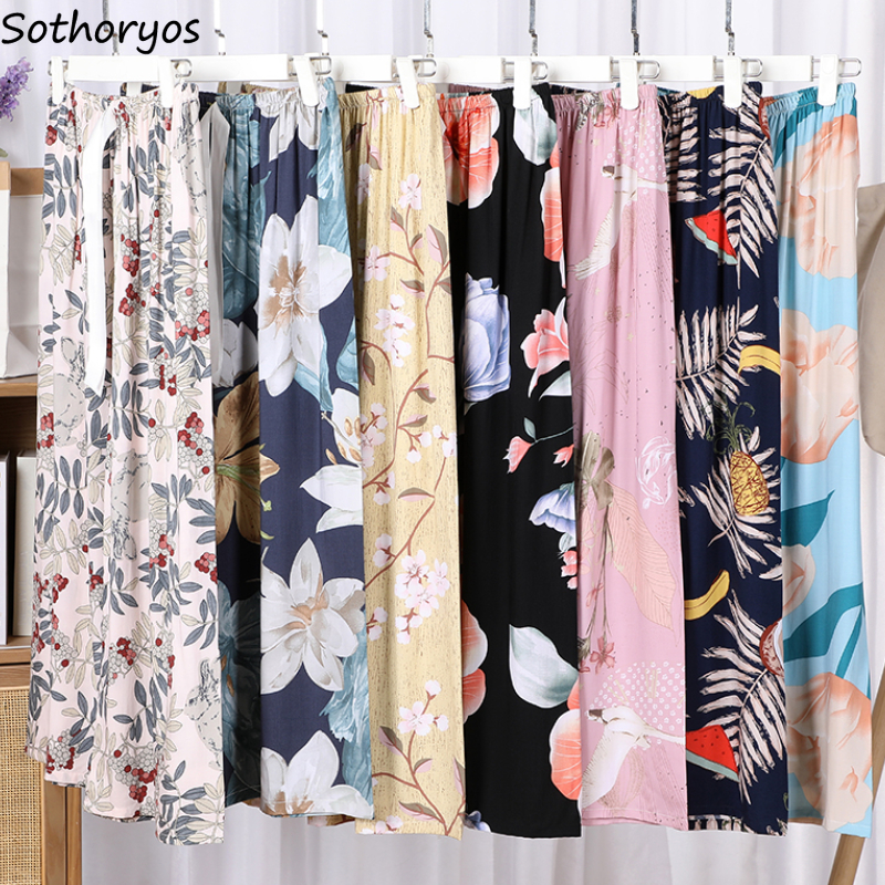 Pantalon en coton respirant pour femmes, imprimé Floral, jambes larges, cordon de serrage, vêtements de maison, Long, été