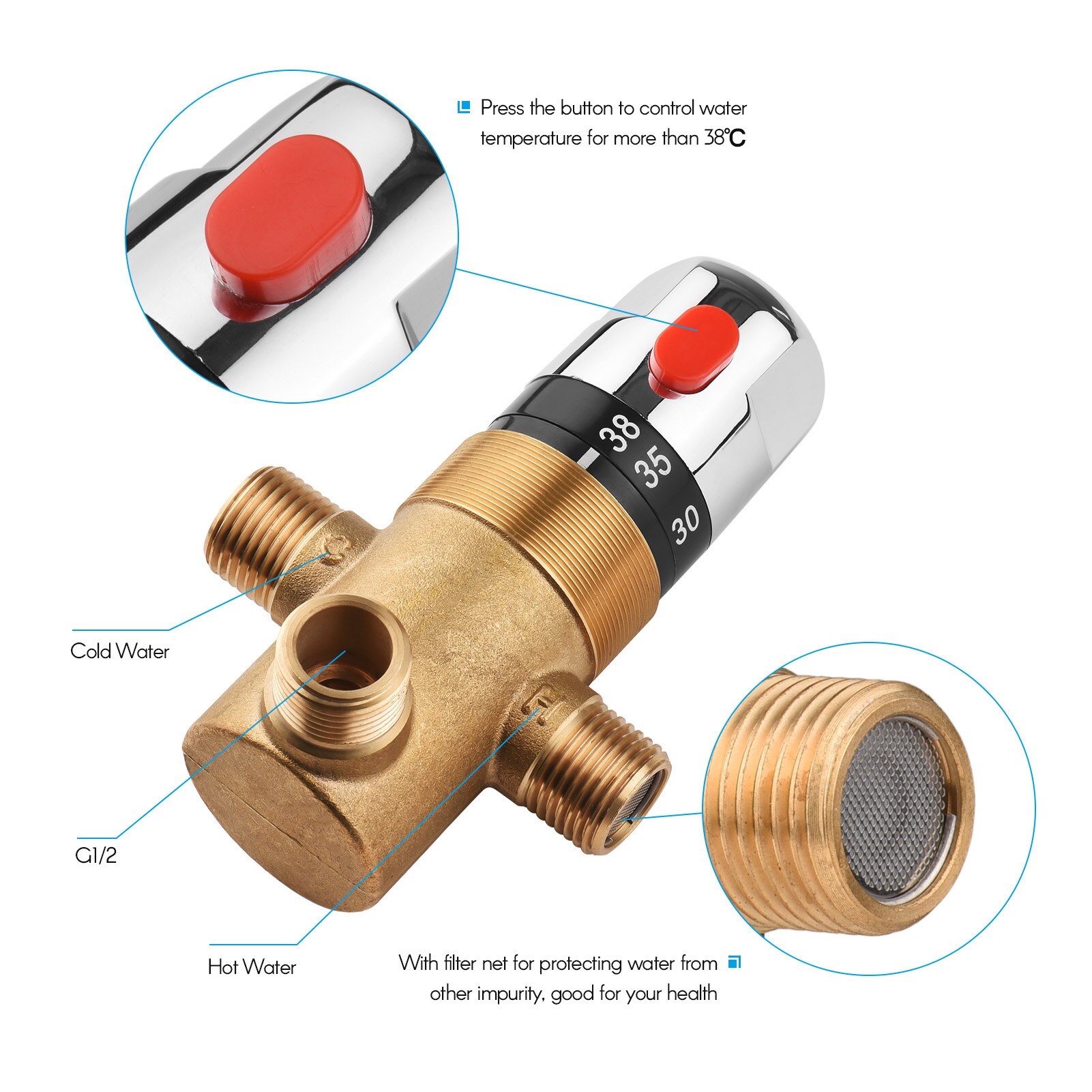 Thermostatic Temperature Control Valve Cold Water Shower Mixer G1/2 Brass Mixing Valve Three-Way Shower Diverter Valve