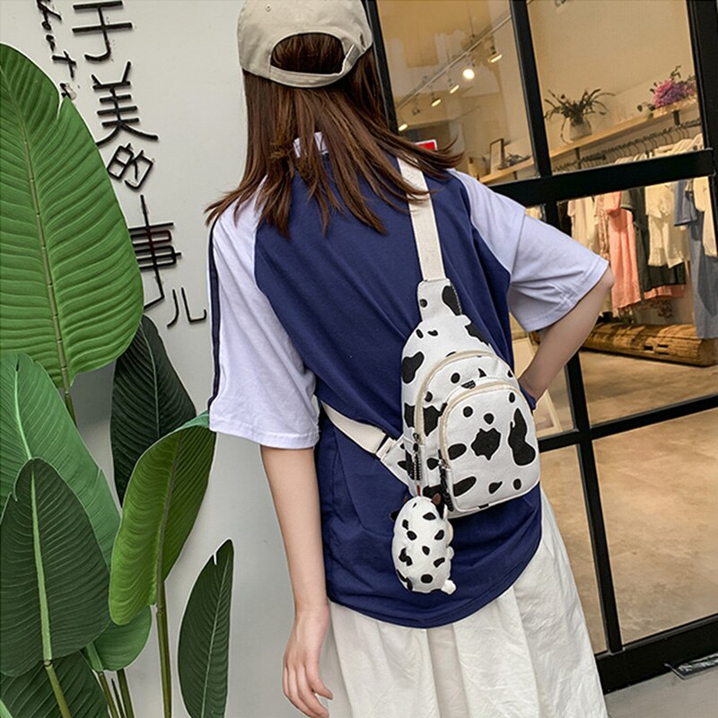 Bolso con estampado de vaca para mujer, bandolera pequeña de lona coreana, bolsos Unisex de para niñas