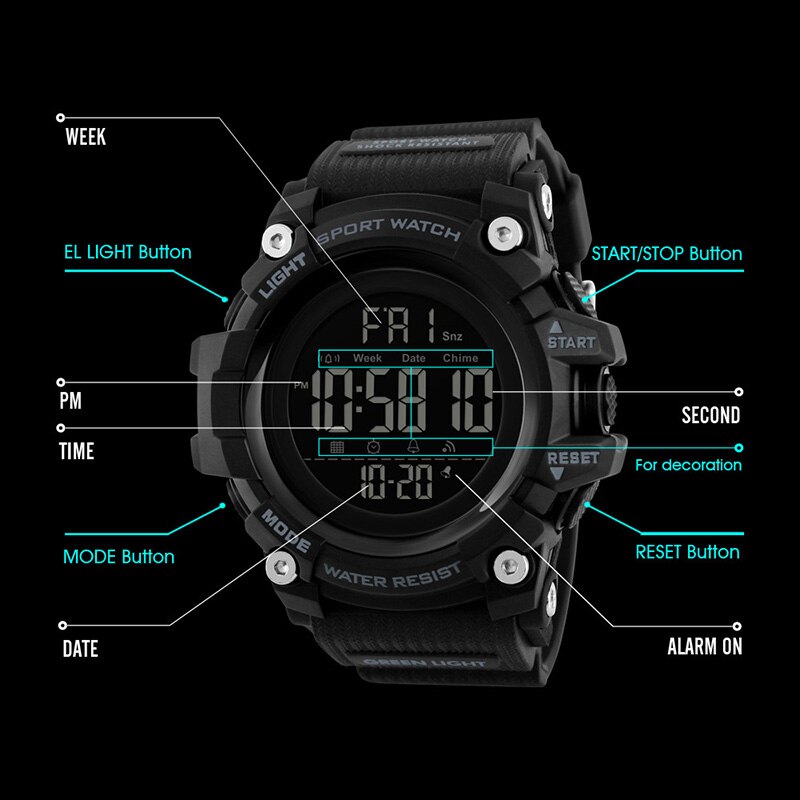 Skmei sport klokker herre digital klokke klokke 2 tid 12/24 timer el ligjt vanntett armbåndsur relogio masculino 1384