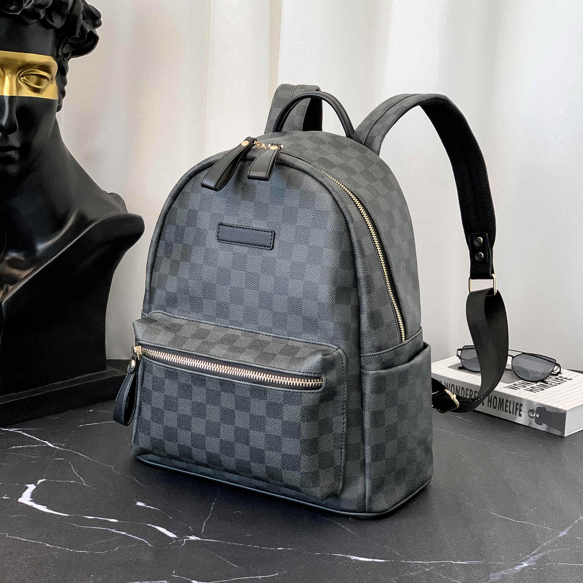 Unisex Waterproof Leather Men's Backpack Schoolbag Plaid Leather Backpack Large Capacity Travel Laptop Mochila Backpack For Male
