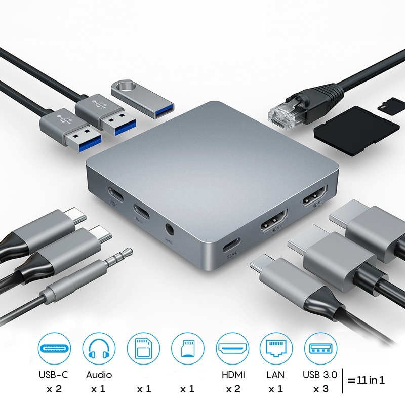 Docking Station Usb C Hub Type-C 11-In-1 Met Dual 4K Hdmi Gigabit Ethernet poorten Voor En Usb C Laptops Telefoon