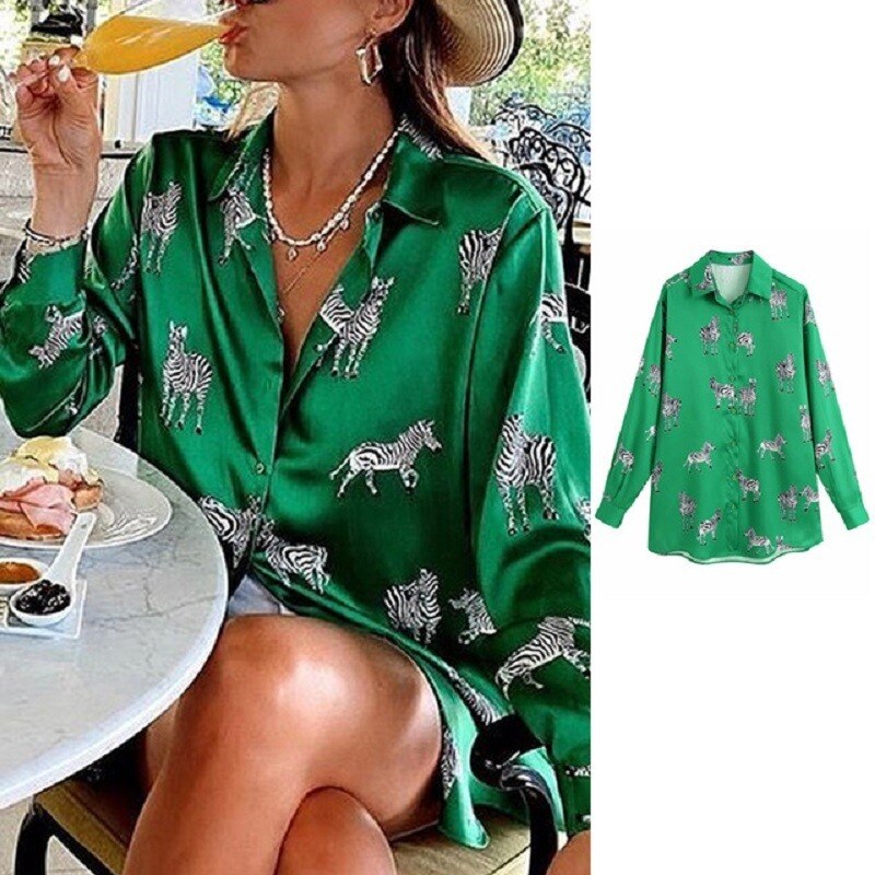 QWEEK Satin Blouse Women Silk Zebra Print Shirts Long Sleeve Vintage Office Ladies Tops Femme Green Blouses