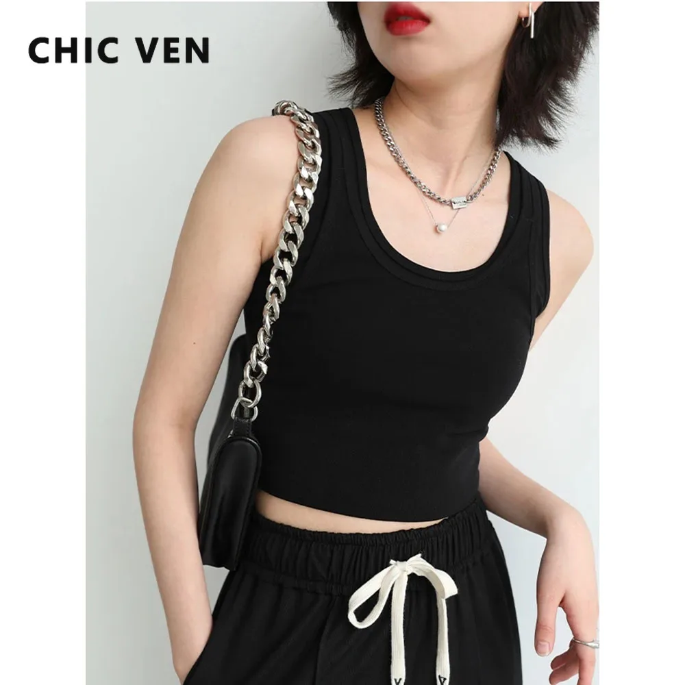 CHIC VEN Women Tank Top Camisole Solid Slim Fit Short U-neck Suspender Vest Crop Tops Women Summer Basic Elastic