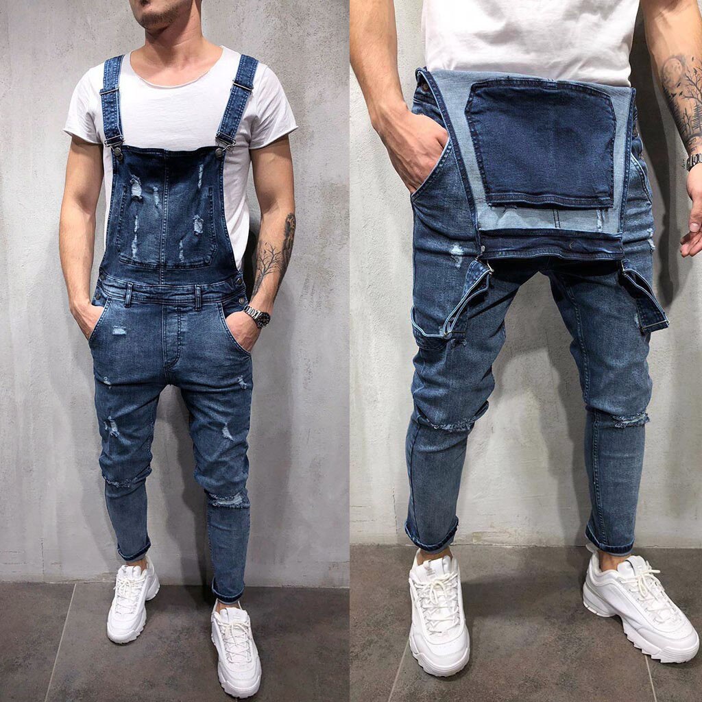 Men's British Style Denim Bib Pants Full Length Jeans Jumpsuits Hip Hop Ripped Jeans Overalls for Men Streetwear