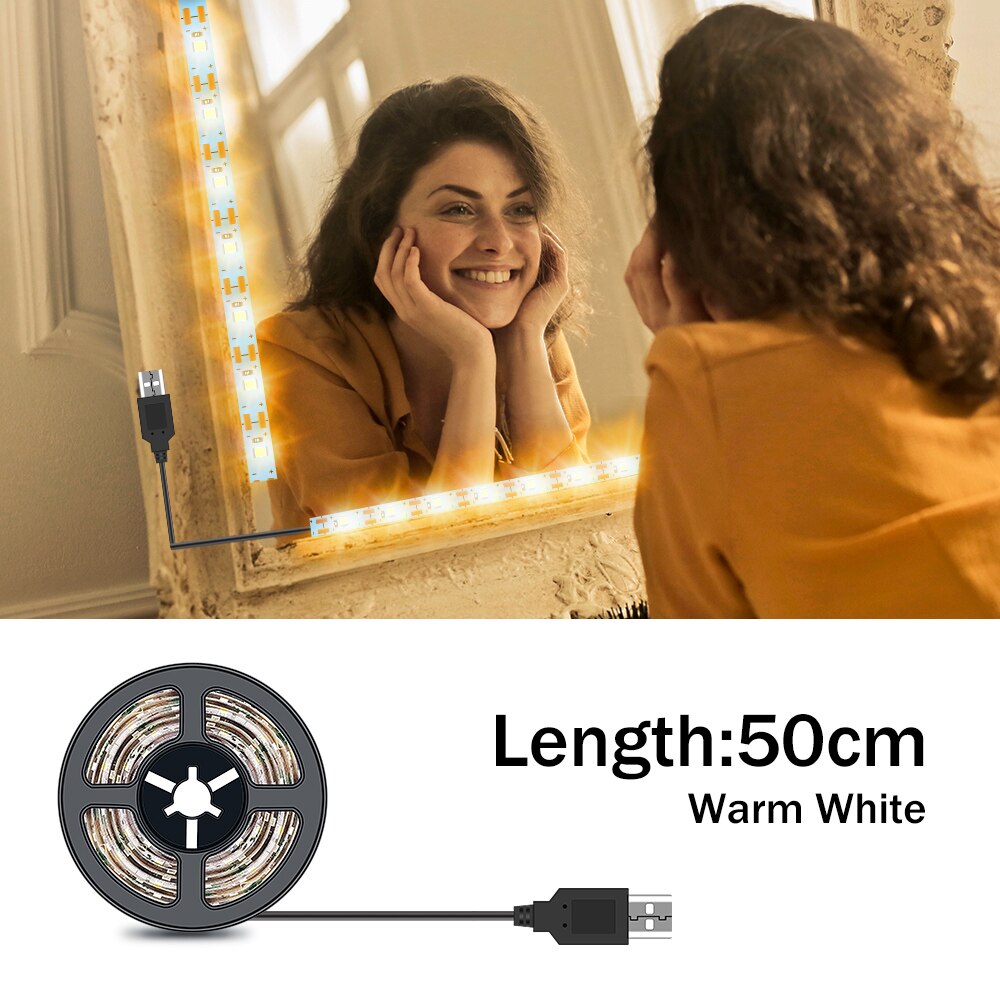 Luz LED para espejo de tocador de maquillaje, lámpara de belleza alimentada por USB para iluminación de decoración del hogar, 1M, 2M, 3M, 4M, 5M, 5V: 50CM Warm White