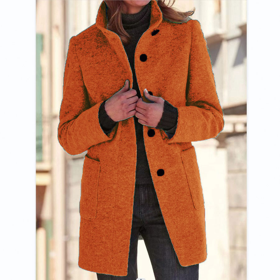 Retro wollen jas met knoopsluiting en opstaande kraag voor dames, perfect voor de herfst en winter.