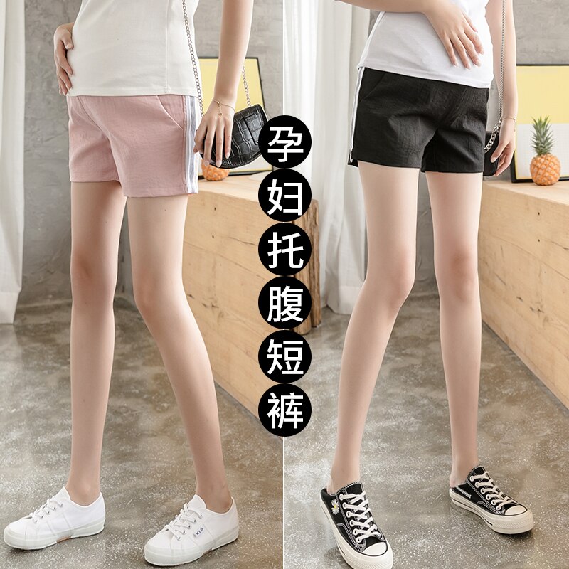 358#  mamma fritidsbyxor sommar sidoshorts elastisk midja för gravida kvinnor magbyxor gravidbyxor