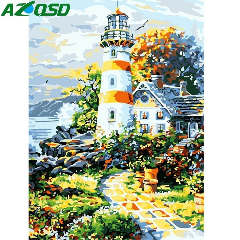 AZQSD DIY Oil Painting Lighthouse Painting By Numbers Seaside Home Decoration Paint Canvas Picture Hand Painted Modern