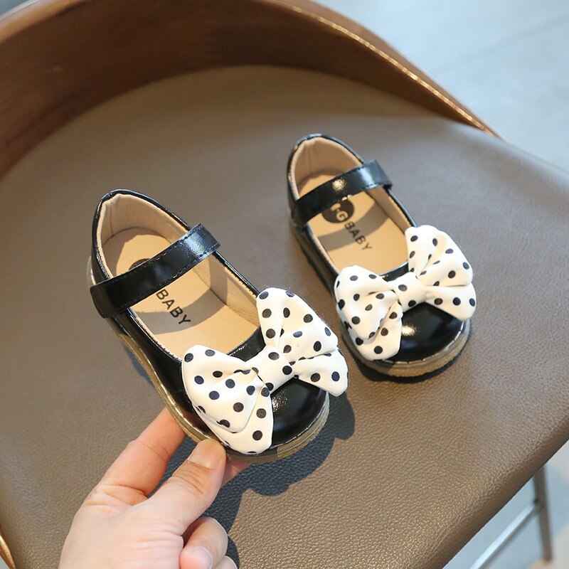 Spring Girls Mary Janes Shoes Dot Bowtie Princess Shoes Platform Leather Shoes For Kids Baby Child Dress Shoe Autumn: black / 24
