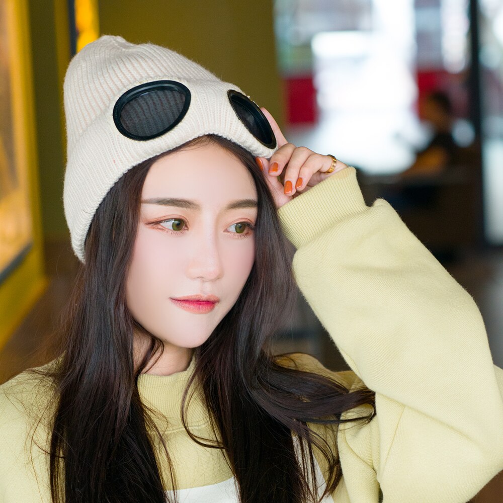 Dihope winter warme gebreide mutsen unisex volwassen winddichte skimutsen met afneembare glazen dikke sport multifunctionele