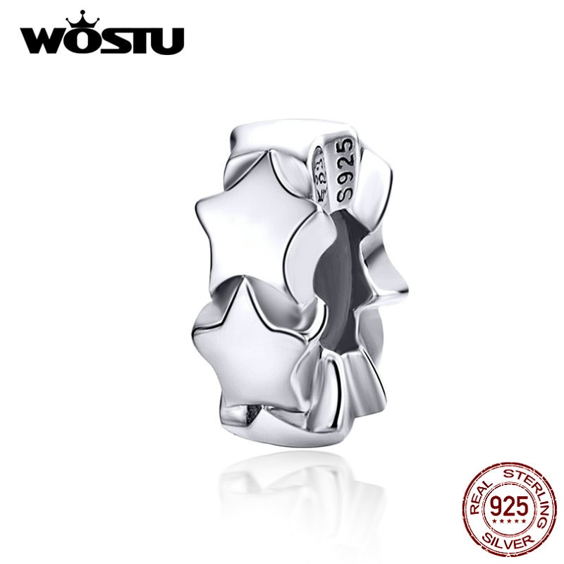 WOSTU Stars Spacer Charm Beads 925 Sterling Silver Stoppers With Silicone Fit Original Bracelet DIY Jewelry Making CQC1169