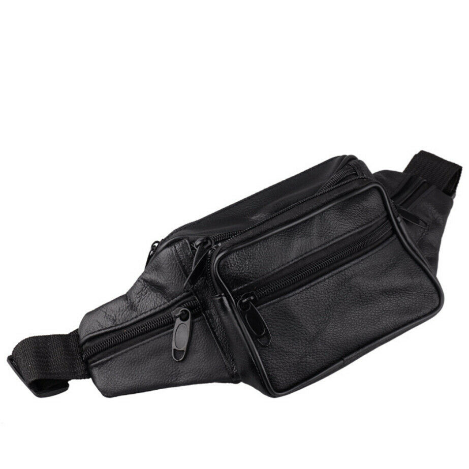 Mænd olie voks retro læder bæltetaske bærbar rejse udendørs solid lynlås bælte fanny pack talje taske: Sort