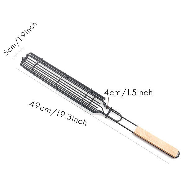 4 Pcs Kabob Grilling Basket with 2Pcs Silicone Brush,Reusable Durable Wooden Handle Barbecue Tool Grill Basket Grill Net