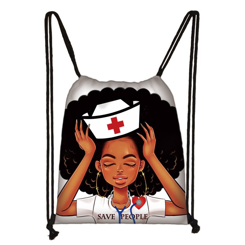 Schwarz Krankenschwester mit Krone Kordelzug afro Frauen Reisetasche Amerikanischen Afrika Damen Lagerung Taschen Schüler Rucksack Bookbag: skdblacknurse08