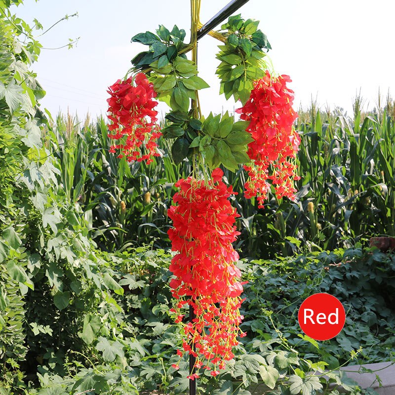Artificial wisteria flower vine ceiling DIY wedding arch rattan bean flower string bunch party home Christmas flower wall decor: Red A