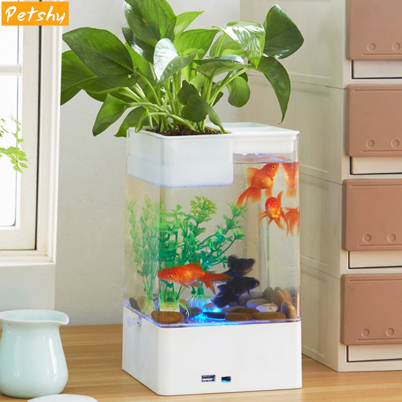 Mini acuario de plástico acrílico USB, pecera con LED portátil Betta, pecera, suministros para mascotas acuáticas para decoración de interiores y oficina