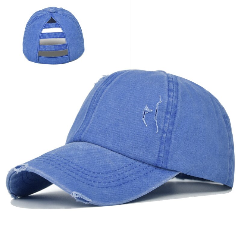 Boné de beisebol buraco lavado nova primavera sólida sunhat homens mulheres verão algodão snapback bonés hip hop chapéu de pesca retro rabo de cavalo viseira: Blue Cap