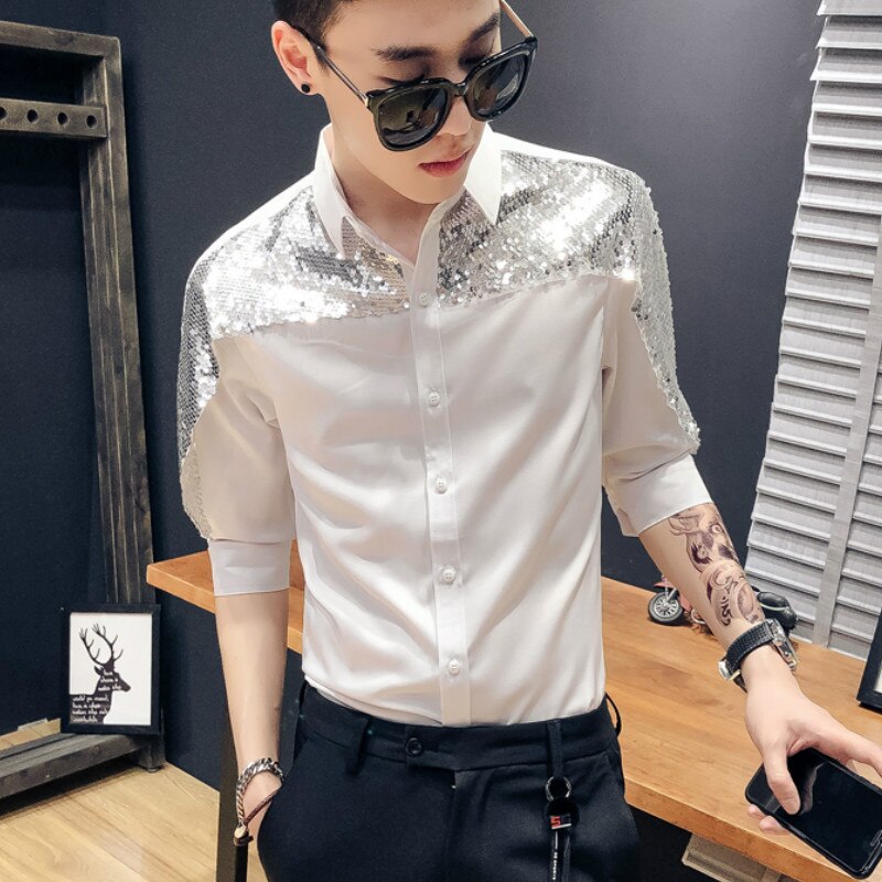 Paljett smoking skjortor män casual slim fit långärmad herr klänning skjortor nattklubb fest bal streetwear kläder social skjorta