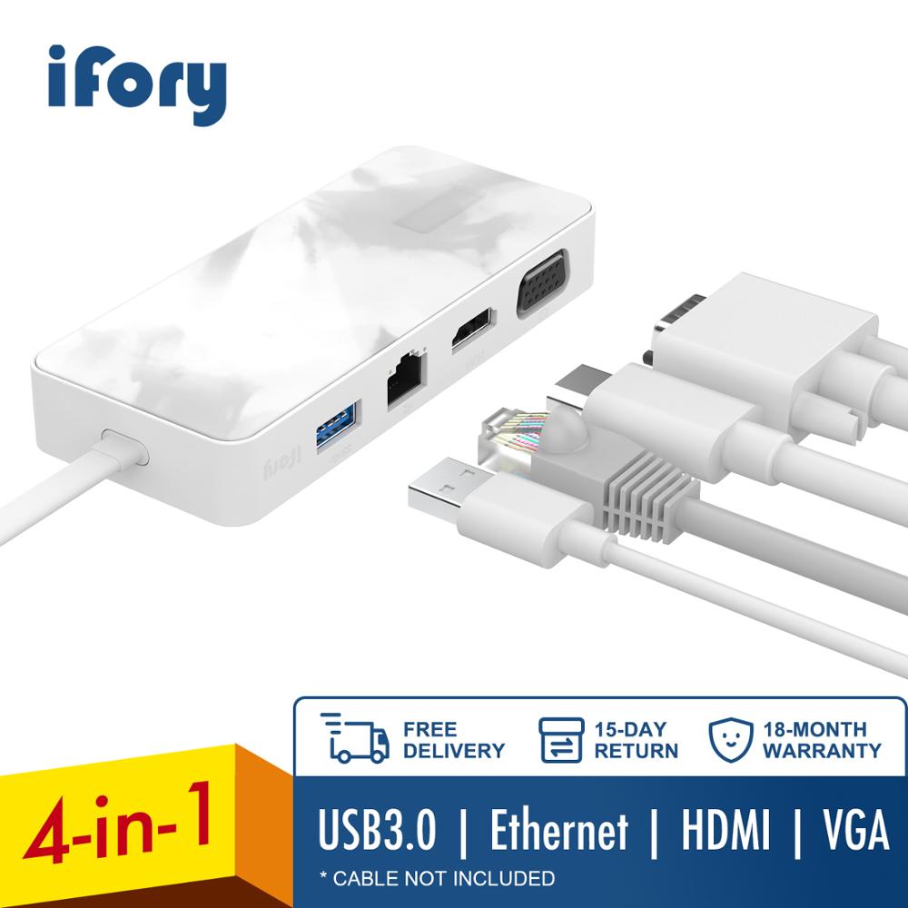 Ifory Type C Hub, Usb C Adapter Met Hdmi/Vga, Ethernet, usb 3.0 Voor Macbook Pro Air Dock Type-C Poorten Splitter Hab: White