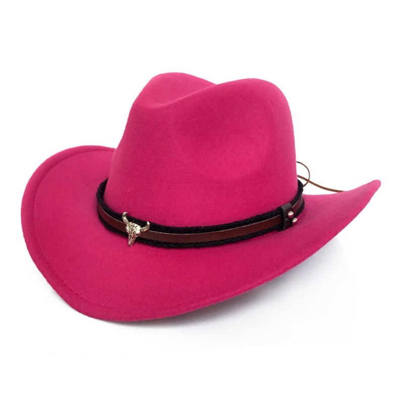 Kvinder mænd uld klassisk western cowboy hat roll-up bred kant rand punk læder bælte jazz cap med tauren læder bælte cowboy hat