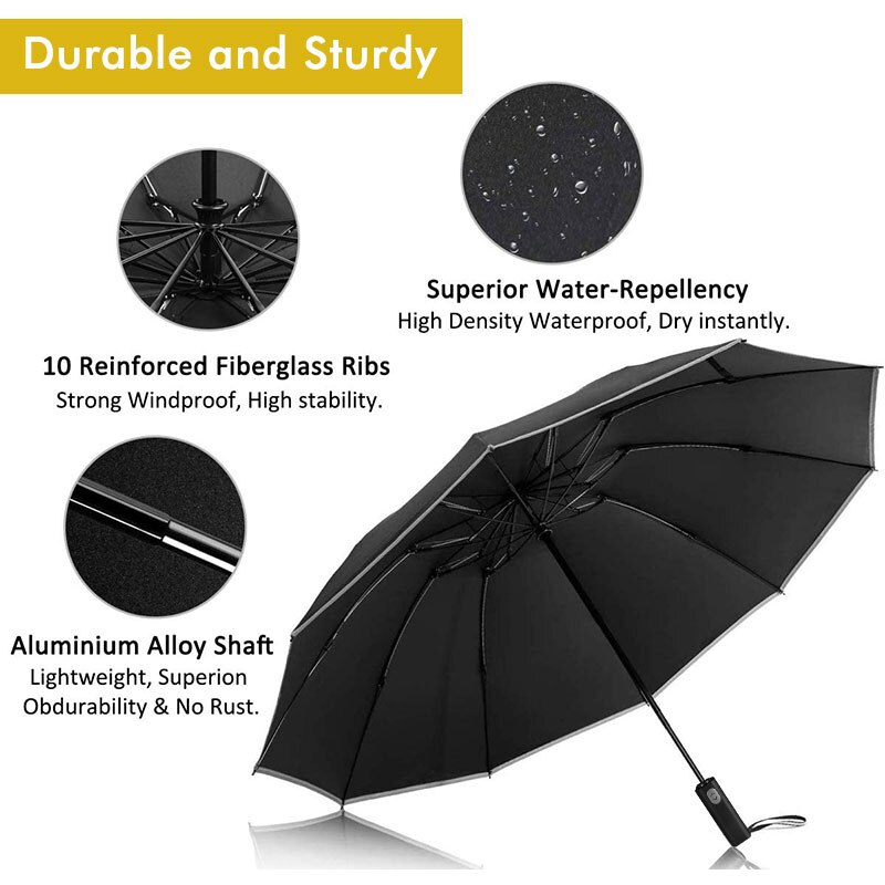 Windproof Automatic Inverted Umbrella 10 Ribs 3Fold Portable Large Reverse Umbrella with Reflective Stripe Umbrella Male Parasol