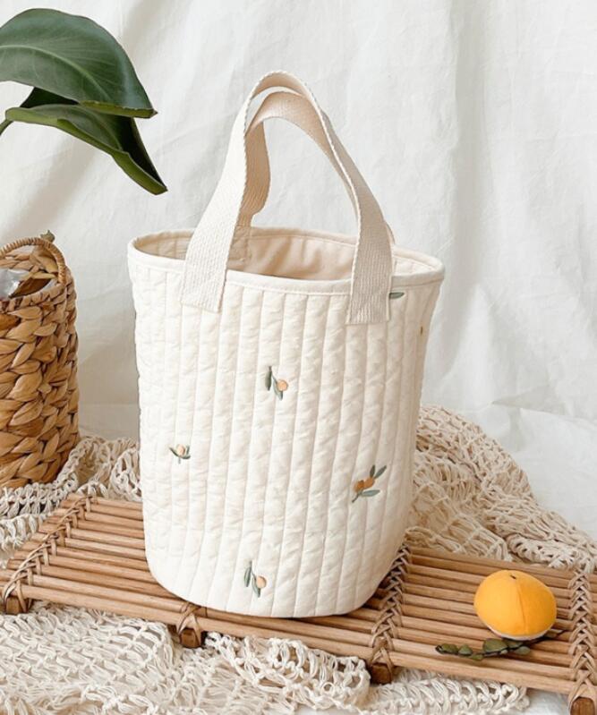 Quilted cotton Organizer bag Embroidery portable bucket bag lunch bag mommy bag Baby stroller storage diaper bags: Small olive