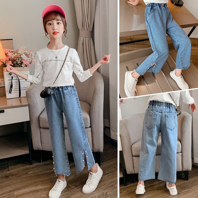 Süße freundlicher Jeans Mädchen Hosen Asymmetrie Perle schlitz breite bein Jeans freundlicher Kleidung Für 3 4 5 6 7 8 9 10 11 12 13 jahre Mädchen Jeans