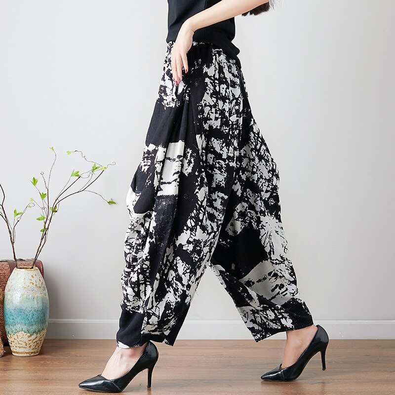 China Style Baggy Harem Pants Women Causal Print Cross-Pants Loose Trousers Lantern Wide Leg Cotton Linen Retro Pants Plus 11435