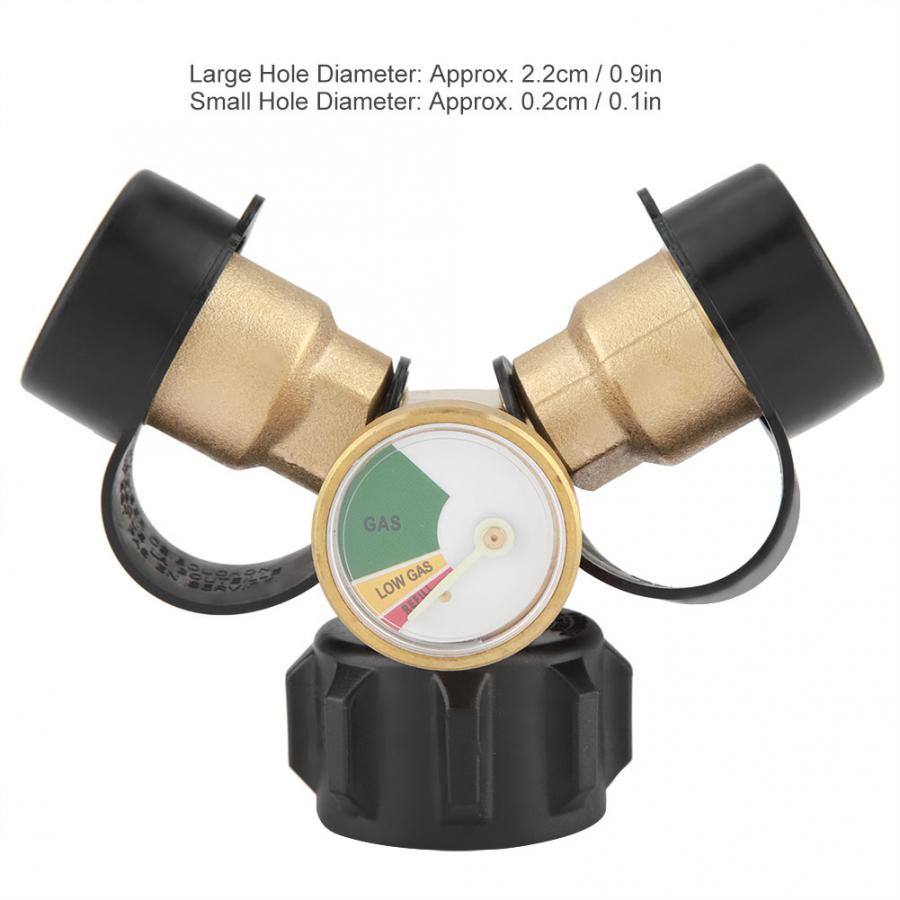 Brass BBQ Propane Adapter Connector Y-Splitter Tee Adapter With Gauge Pressure Meter Camping Tool