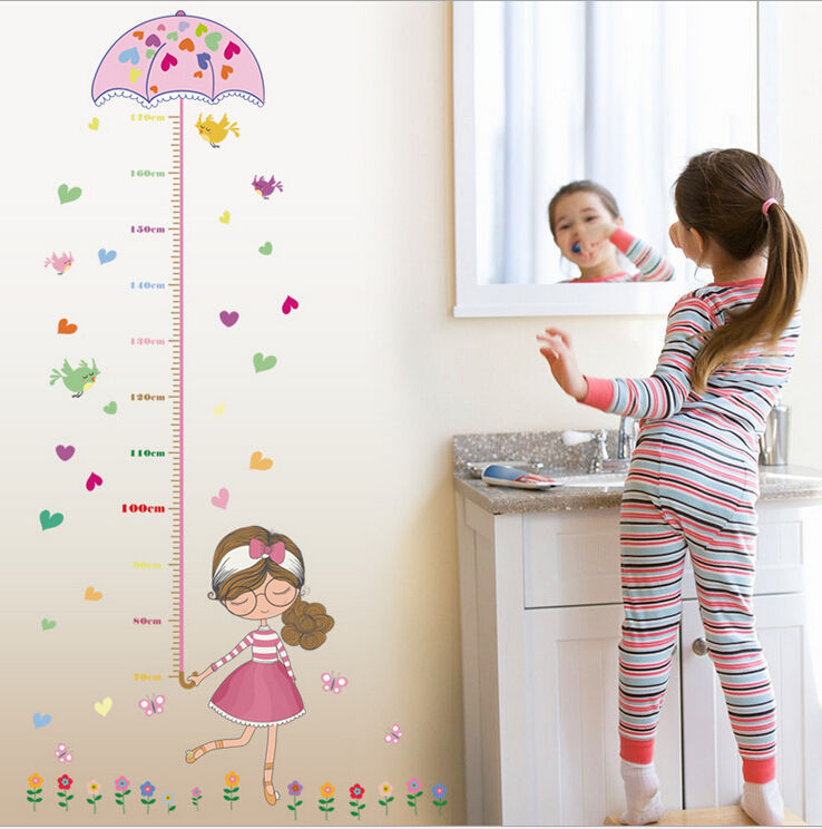 Cute Girl Umbrella Measure Height wall stickers decal kids adhesive vinyl wallpaper mural baby girl boy room nursery decor