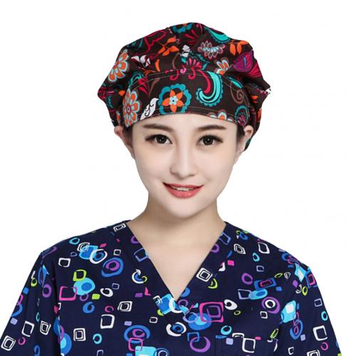 Blommigtryck skrubbmössa salong kosmetolog kock dammsäker bouffant justerbar hatt andas kök arbetar lampsvart mössa: Djupt kaffe