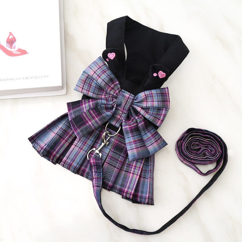 Vestidos para perro o mascota, conjunto de arnés y correa con lazo bonito, ropa de verano a cuadros con anilla para correa para perros pequeños y medianos: Purple / XS