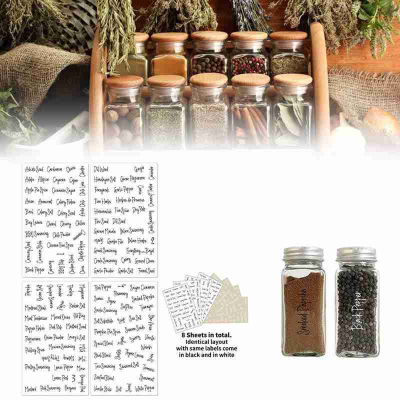 8 Sheets Labels Transparent Waterproof Pantry Stickers Supplies for Food Kitchen Spice Jar