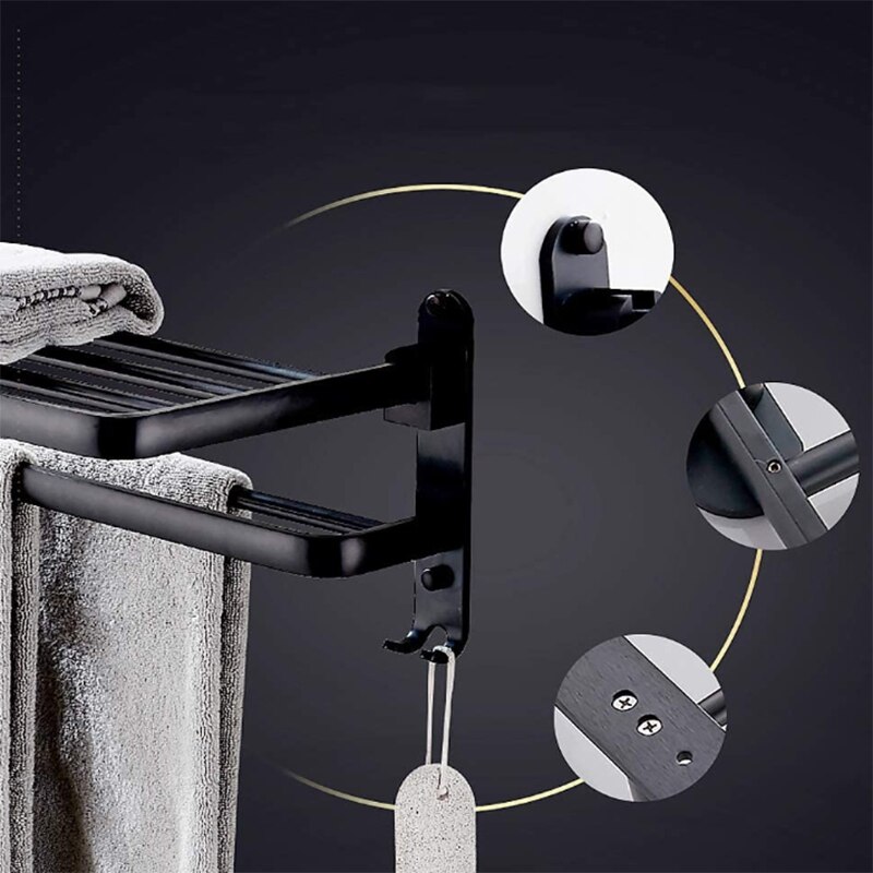 Space Aluminum Bathroom Black Towel Rack Wall-Mounted Folding Storage Towel Rack Bathroom Shelf