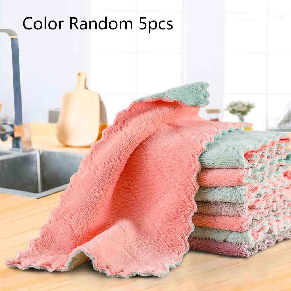 5pcs Rag Cleaning Cloth For Washing Dishs Kitchen Supplies Kitchen Double Side Absorbent Dishcloth Special Soft Kitchen Tool: Color Random 5pcs