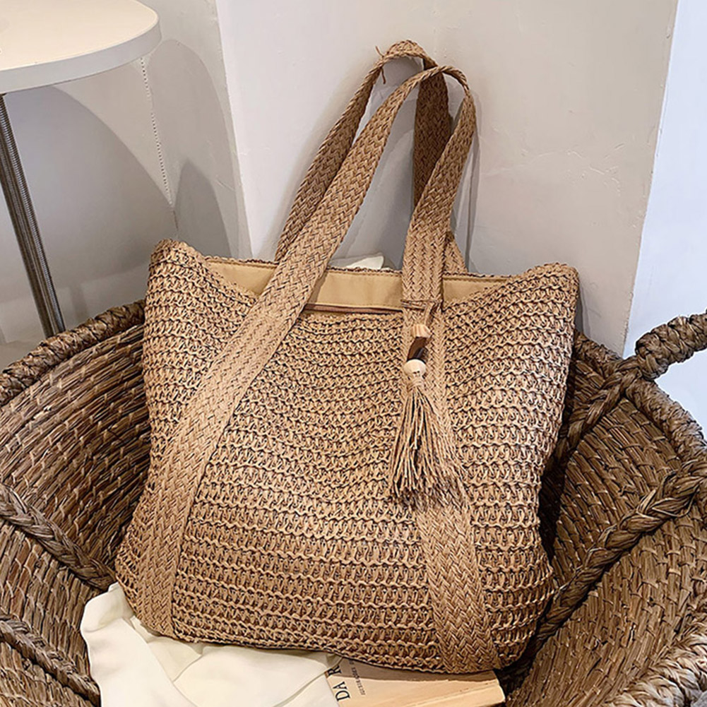 Modische handgewebte Handtaschen, Sommer-Taschen mit Griff oben, handgefertigt, einfach, große Kapazität mit Quasten-Anhänger, lässige Tragetaschen: dunkel khaki