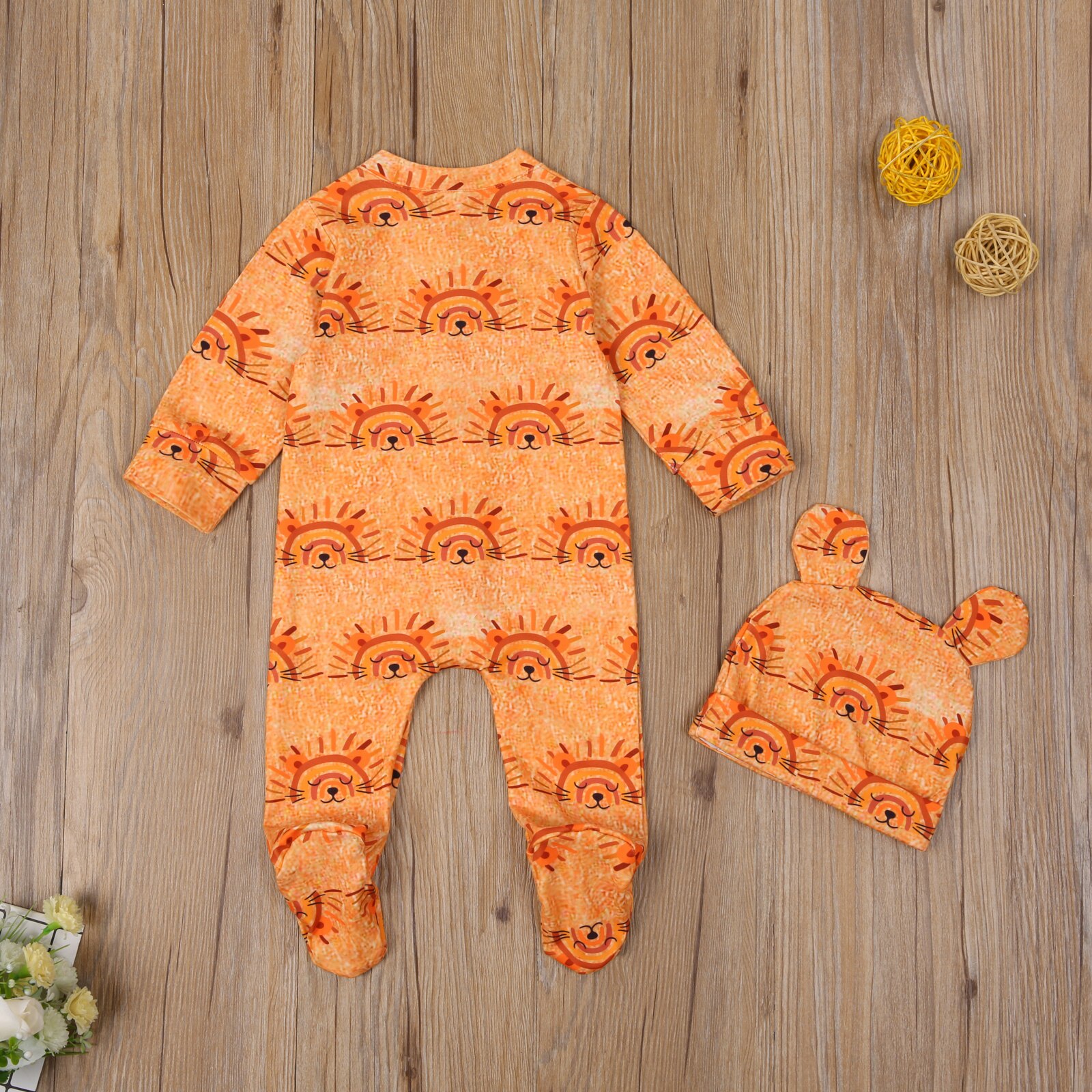 Set di vestiti a due pezzi per neonato da bambina per neonato Set di tute con colletto tondo con motivo arcobaleno leone arancione + cappuccio 0-12 mesi